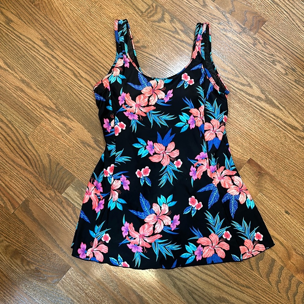 One piece floral swimsuit with skirt